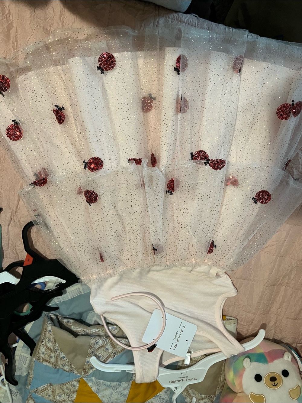 Tahari Pink and Red Tulle Ladybug Embellished Casual Dress for Kids